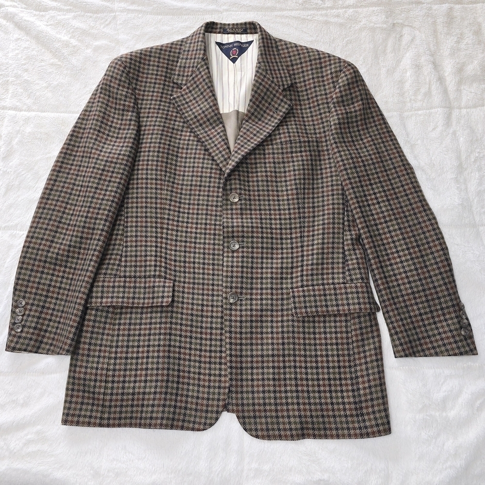VINTAGE TOMMY HILFIGER TWEED BLAZER TAN BLACK RUST HOUNDSTOOTH MENS 40R EUC